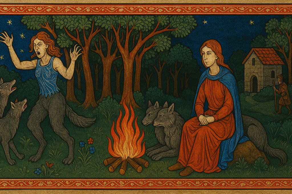 Ilustración medieval al estilo de la Biblia de Maciejowski que muestra una mujer en loba bajo la luna, con lobos y un viajero en un bosque gallego.