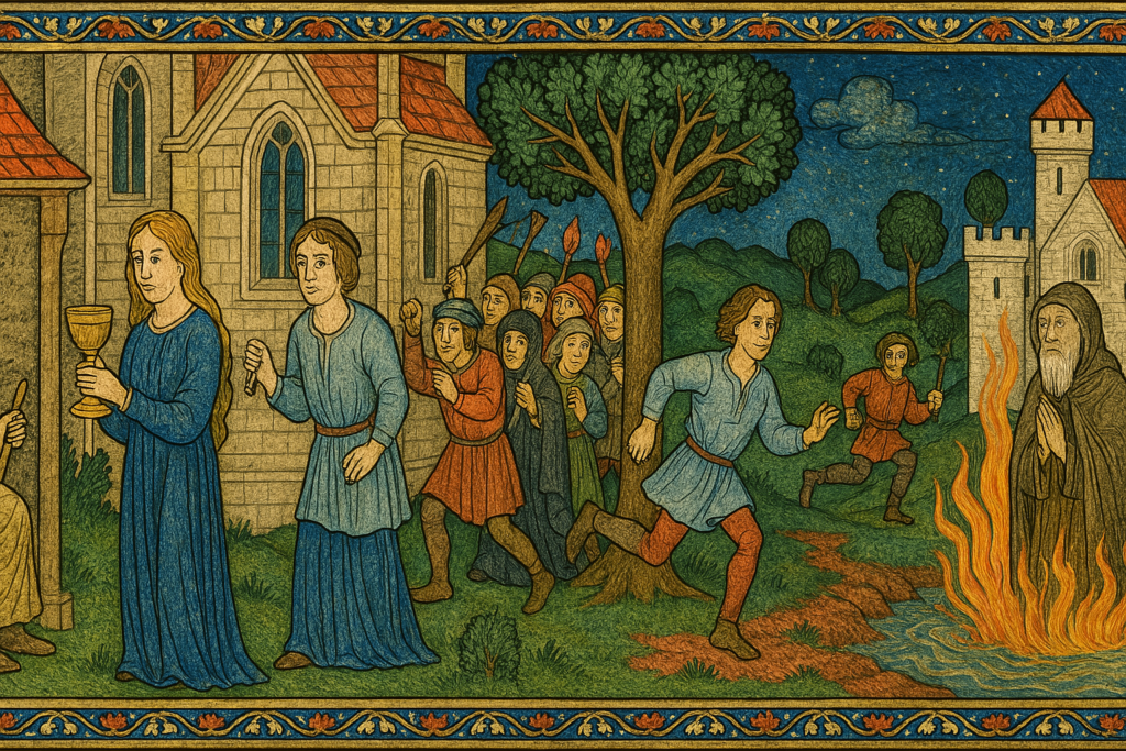 Ilustración medieval que muestra al ermitaño, el pastor, la falsa acusación