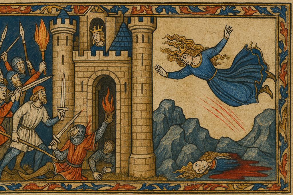 Ilustración medieval al estilo de la Biblia de Maciejowski que representa la caída de la Reina Loba