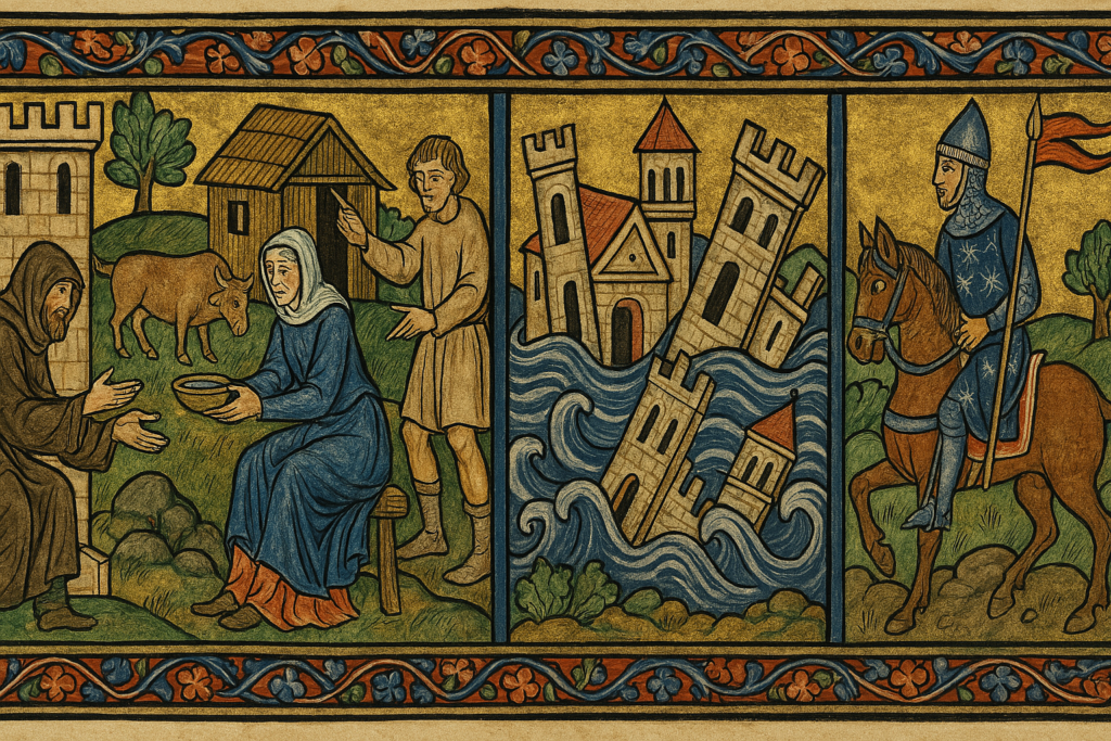 Ilustración medieval de la leyenda de la laguna de Cospeito, con la villa de Valverde hundiéndose bajo las aguas.