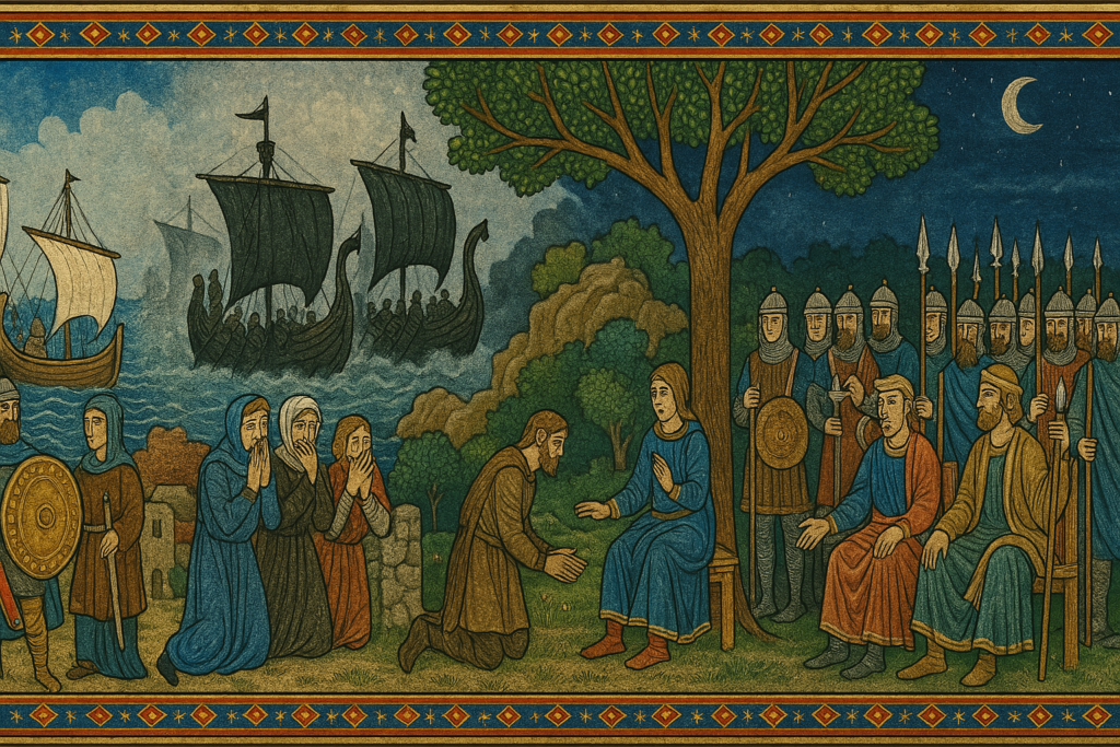 Ilustración medieval al estilo de la Biblia de Maciejowski que muestra el conflicto entre mercaderes, piratas y romanos en las Rías Baixas durante la antigüedad.
