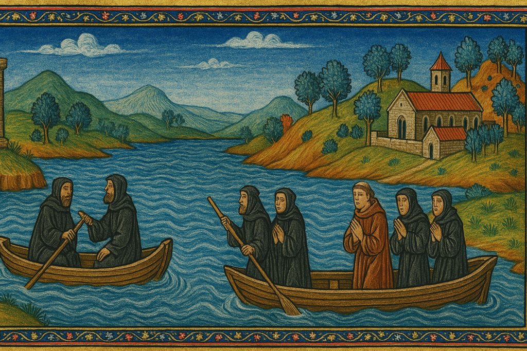 Monjes cruzando el río Sil en barcas, con un pilar solitario al fondo, en ilustración medieval estilo Biblia de Maciejowski.